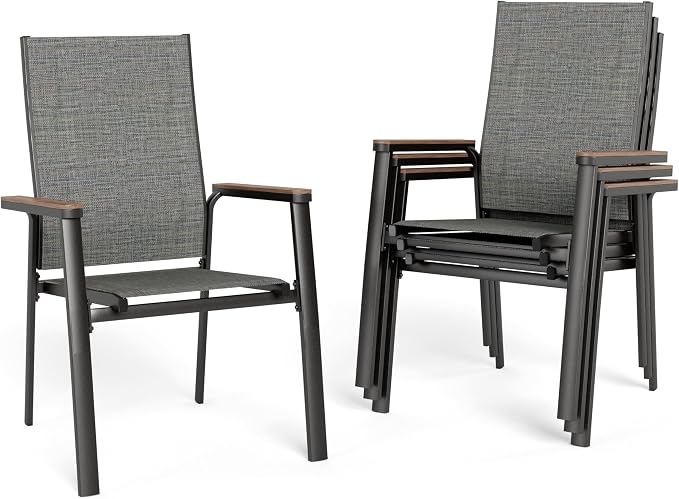 Sophia & William Patio Dining Chairs Set of 4, Stackable Aluminuum Frame | Grey textilene, Weather-resistant, light-weight & space-saving, Breathable & quick-drying, Outdoor deck backyard porch