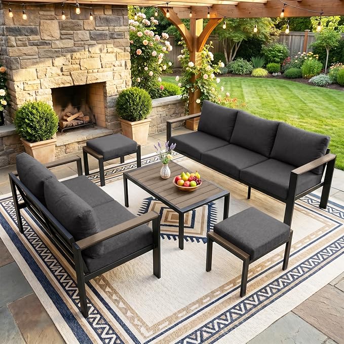 Patio Furniture Set 7 Seats and Coffee Table, 5 Pieces Patio Conversation Set with Thick Cushion, Ottomans, Deluxe Aluminum Modern Outside Sectional for Porch, Balcony, Deck, Yard, Dark Gray
