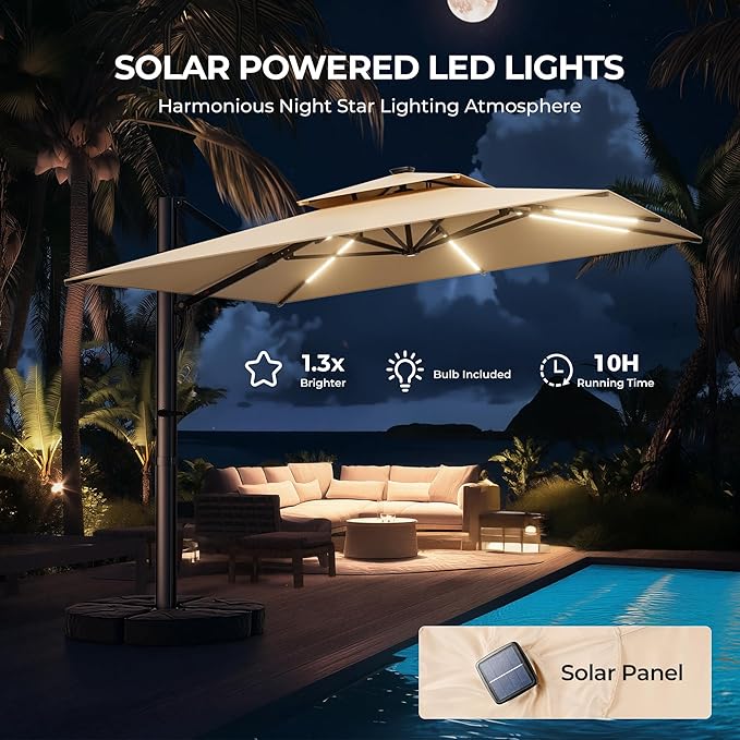 HOMSHADE 10 ft Square Cantilever Patio Umbrella with Base Included, Solar Lights Large Umbrella Outdoor Patio with 360°Rotation&Tilting, LED Lighted Offset Umbrellas w/Stand for Pool Deck