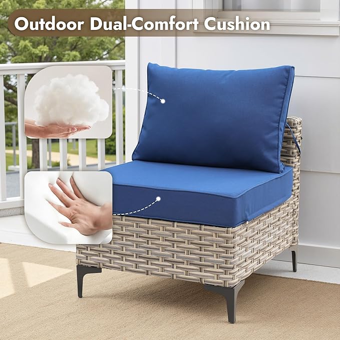 6 Pieces Patio Furniture Set with 42" Fire Pit, All-Weather Rattan Outdoor Sectional Conversation Sets L Shaped Sofas with Solar Light Coffee Table for Porch Balcony Backyard Navy Blue