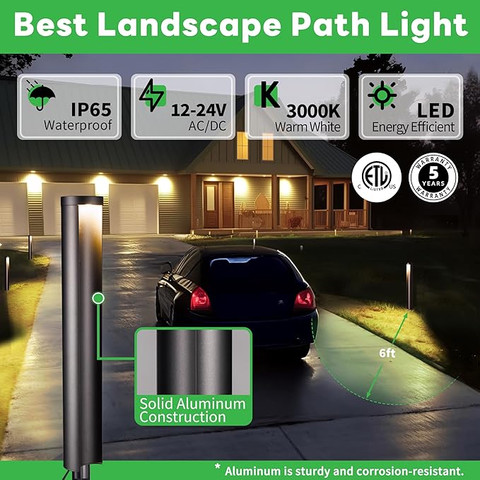 Landscape Path Lights, 12V Low Voltage Pathway Lights Wired, LED Outdoor Waterproof, 5W 200LM Black Aluminum for Yard Walkway Driveway Garden