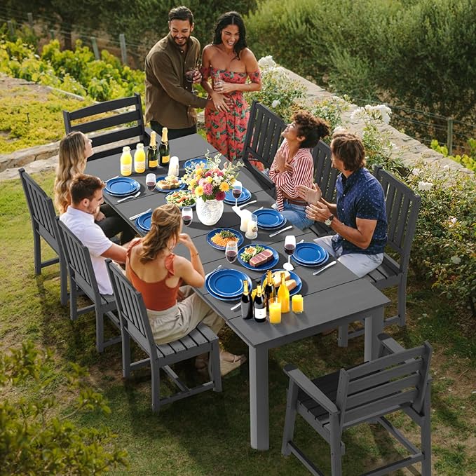 LOUNZY 9 Pieces Patio Dining Sets, Outdoor HDPE Furniture Set for 8 w/ 2" Hole Cut-Out Dining Table with 8 Patio Chairs(2 W/Armrest, 6 w/o Armrest), Gray