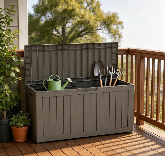LAUSAINT HOME 90 Gallon Resin Deck Box, Package Delivery Box with Lockable Lid, Waterproof Outdoor Storage Box For Garden Tools, Patio Cushions(90 Gallon,Grey)