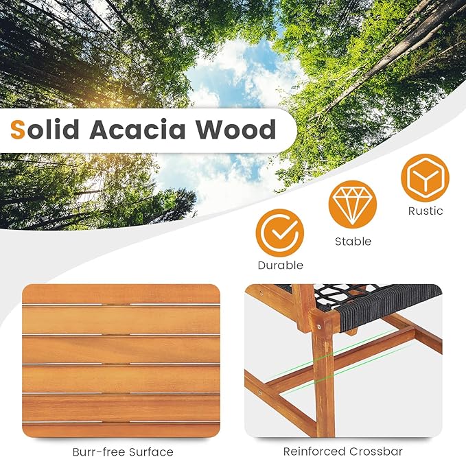 Tangkula 3 Pieces Acacia Wood Outdoor Furniture Set, All-Weather Rope Woven Bistro Set with Armchairs and Coffee Table, Patio Conversation Set for Front Porch, Deck, Balcony