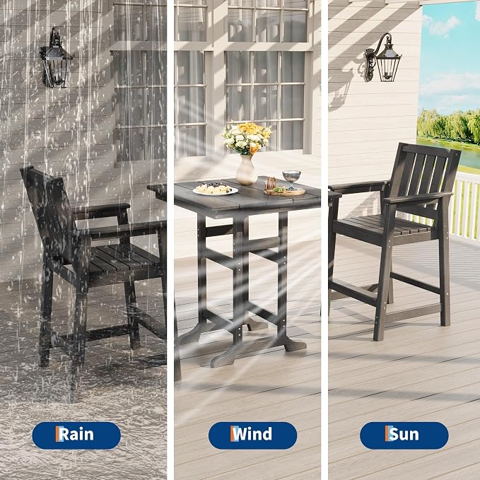 GAOMON Square Outdoor Bar Height Table, Patio Tall Side Bistro Table with Umbrella Hole, Weather Resistant High Top Dining Table for Backyard, Garden, Deck, Porch, Dark Gray