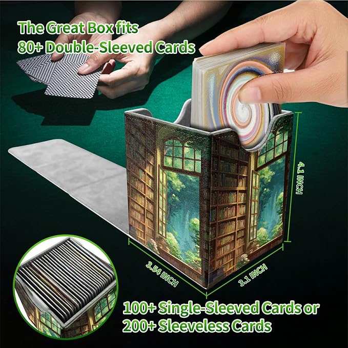 Library Window Card Deck Box for MTG, Personalized Card Storage Case Fits 120+ Sleeved Cards, Premium Leather TCG Box with Strong Magnetic Closure for Magic, CCG, PTCG, Baseball Cards