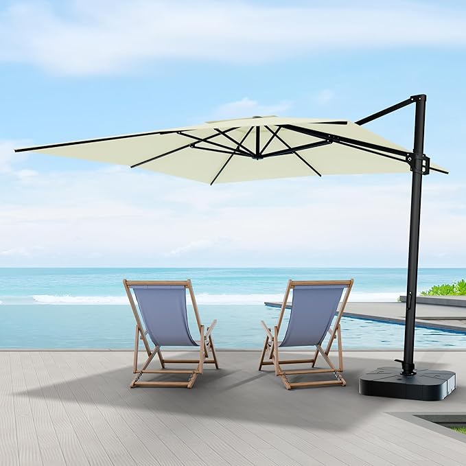 Midtown Umbrellas The Grande Square 9 x 9 FT Outdoor Cantilever Patio Umbrella w/Sunbrella Canvas Natural Acrylic Fabric - 8 Rib Aluminum Frame Offset w/Tilt & 360° Rotate Pedal System - Black Frame