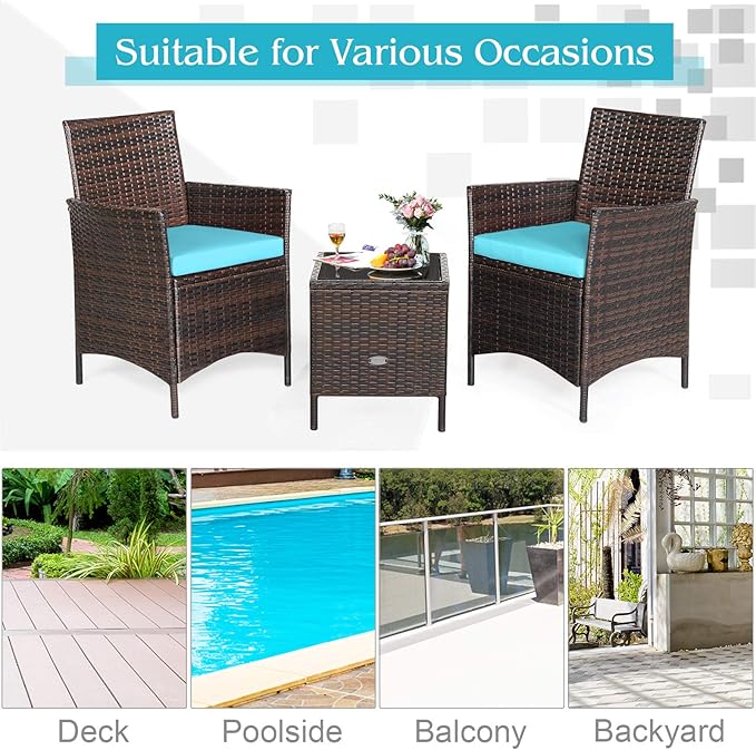 Tangkula 3-Piece Patio Conversation Set, Wicker Chairs with Glass Top Square Coffee Table & Cushions, All-Weather Outdoor Rattan Furniture Set for Garden Backyard Balcony Poolside (Turquoise)