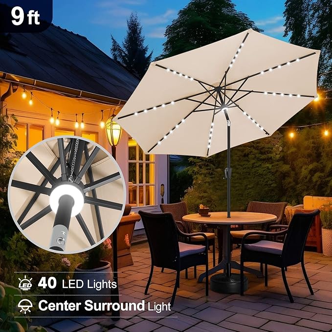 FLAME&SHADE 9 FT outdoor umbrella with 40LED lights, solar light patio umbrella with Centre Surround Light, Table Market Umbrella Outdoor Patiofor Deck, Pool, Backyard, Garden (Beige)