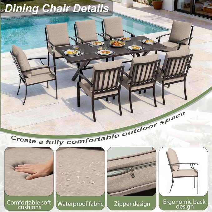 10 Piece Outdoor Dining Set for 8, Patio Table and Chairs Set with Umbrella, Metal Patio Furniture Set with 8 Stackable Chairs, Outdoor Table and Chairs with Cushions for Lawn, Garden, Yard-Sand