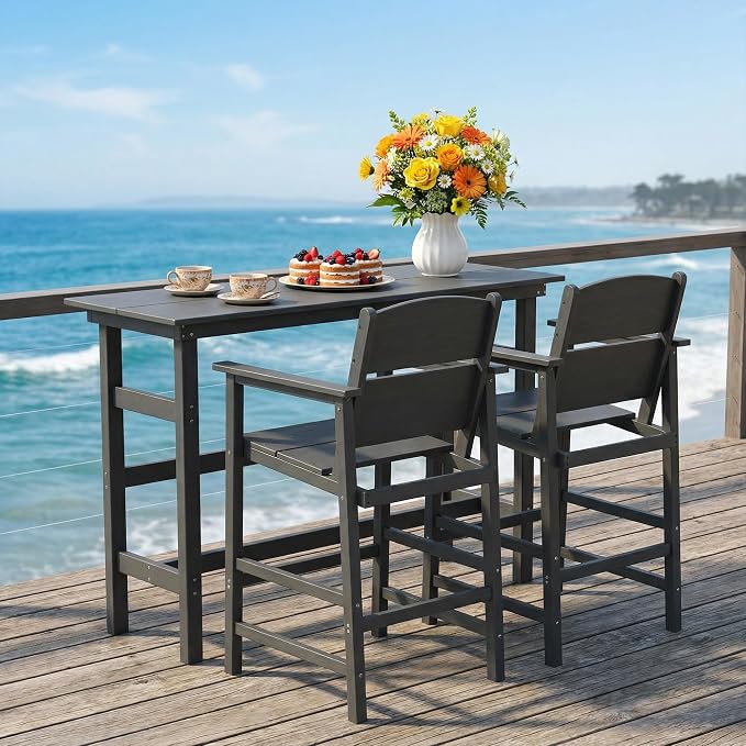 HDPE Outdoor Bar Chairs Set of 2, 28.5" Seat Height Bar Height Patio Stools with Armrest & Back, Heavy Duty All Weather High Top Chairs for Porch/Poolside/Deck, 400lb Capacity, Grey