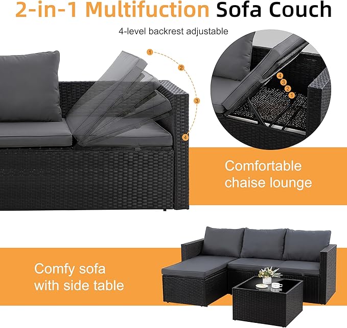 Shintenchi 4 Pieces Patio Furniture Set, 2-in-1 Convertible Sectional Sofa & Chaise Lounge, All-Weather Wicker Rattan Sofa Couch with Cushions & Coffee Table for Yard, Garden, Porch, Poolside (Gray)