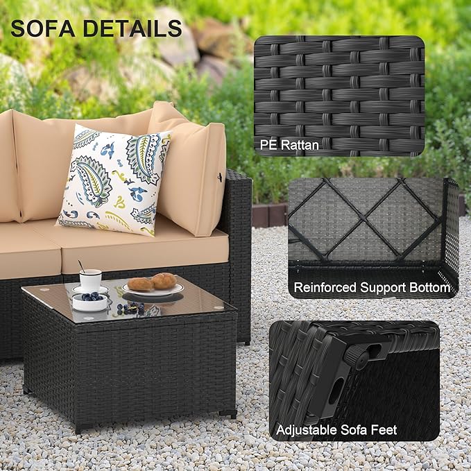Patio Furniture Set, 5PCS Outdoor Sectional with Ottoman Wicker Rattan Patio Couch with Thickened Cushion Modular Wicker Patio Conversation Set with Glass Top Table for Balcony, Backyard(Khaki)