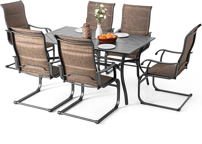 NUU GARDEN 7 Piece Patio Dining Set, 6 Padded Textilene Chairs and 61 Inch Rectangular Table with Umbrella Hole, Outdoor Dining Furniture for Garden and Patio, Brown and Black