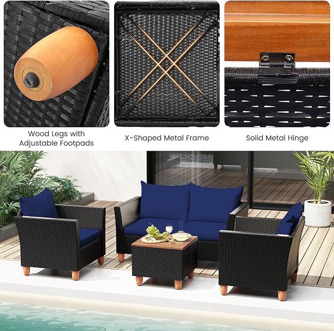 Tangkula 4 Piece Outdoor Conversation Set, Patio Cushioned Chairs w/Storage Coffee Table, Acacia Wood Tabletop & Chair Legs, Patio Wicker Furniture Set for Poolside, Lawn, Porch (1, Navy)