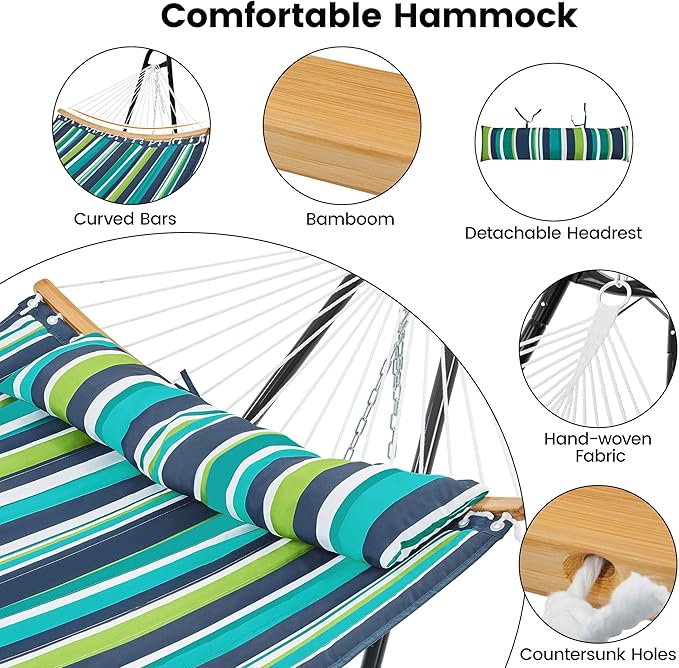 Yaheetech Hammock with Stand Set, Padded Hammock with Frame & Removable Pillow for 2-3 People Outdoor, Porch, Patio, Deck and Backyard, Max.Weight Capacity 475LB - Green Stripe