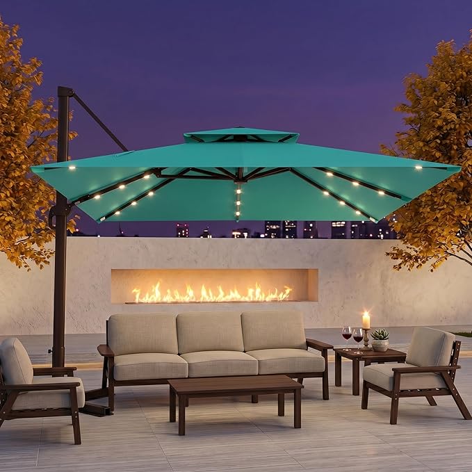 10FT Cantilever Patio Umbrella with Solar Lights, Large Outdoor 2 Tier Aluminum Offset Square Umbrellas 360 Degree Rotation for Garden Deck Pool