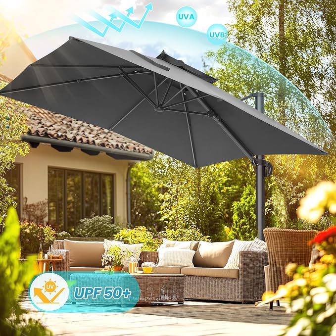 HOTEEL10x10ft Patio Umbrella Cantilever Umbrellas Double Top - Upgrade and Intensify - 360 Rotation and 5 Angles Adjustment - Aluminum Offset Pool Umbrella Outdoor Umbrellas for Patio Garden Pool