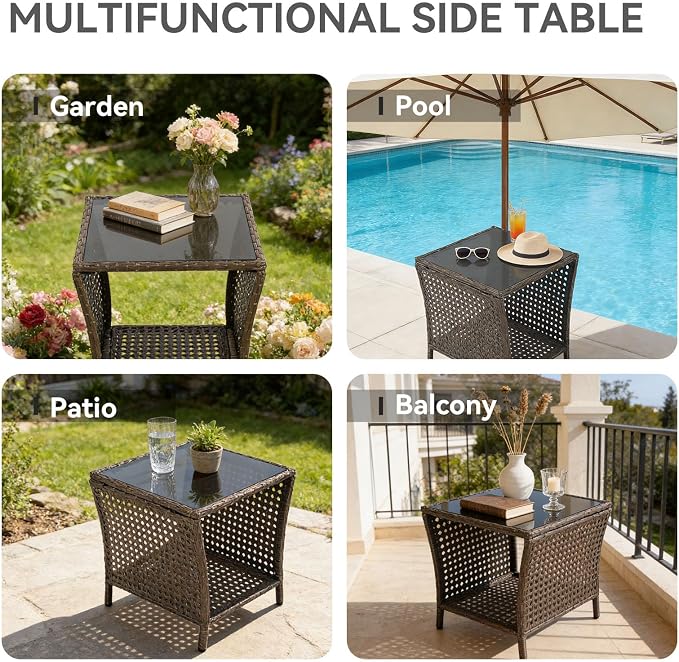 Kinfant Outdoor Wicker Side Table with Tempered Glass Top, 17.7" Square Patio End Table with Storage Shelf, Weather-Resistant Rattan Table for Balcony, Porch, Deck, Garden, Easy Assembly, Black Gold