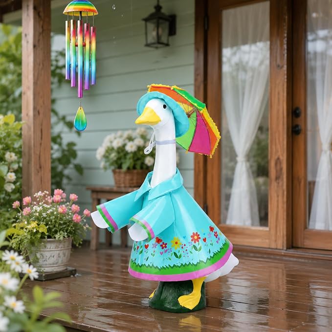 DECOHS 3 Pcs/Set Raincoat Porch Goose Outfits, Summer Lawn Goose Statue Costume with Rainbow Umbrella and Hat, Yard Geese Clothes for 23" Statue Patio Garden Decoration (Lake Blue)