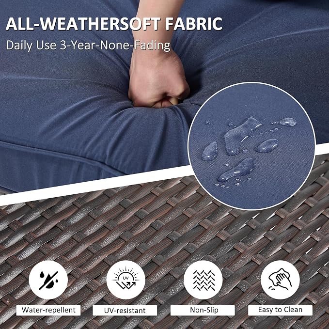 ANJ 7 Piece Outdoor Wicker Patio Furniture Set, Modular Loveseat Sofa with with Glass Top Coffee Table, All-Weather Rattan Conversation Couch Set for Balcony, Backyard, Dark Brown Wicker-Blue