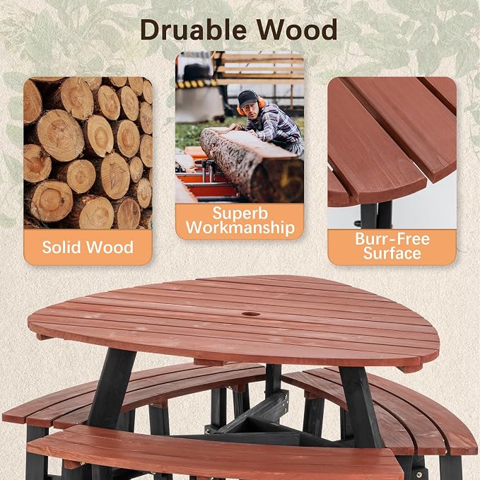 Thanaddo Wood Picnic Table, 43” Tabletop with Umbrella Hole, 3-6 Person Outdoor Wooden Picnic Table Bench Set for Patio, BBQ, Dining, Brown