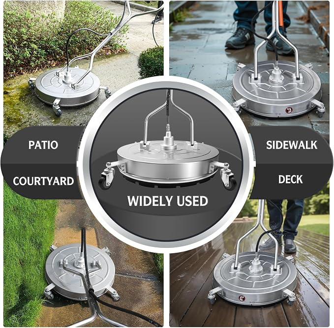 RAYNEL 24'' Pressure Washer Surface Cleaner with 4 Wheels, Dual Handle, Stainless Steel Housing, 2 Hose Adapters, 4 Replacement Nozzles