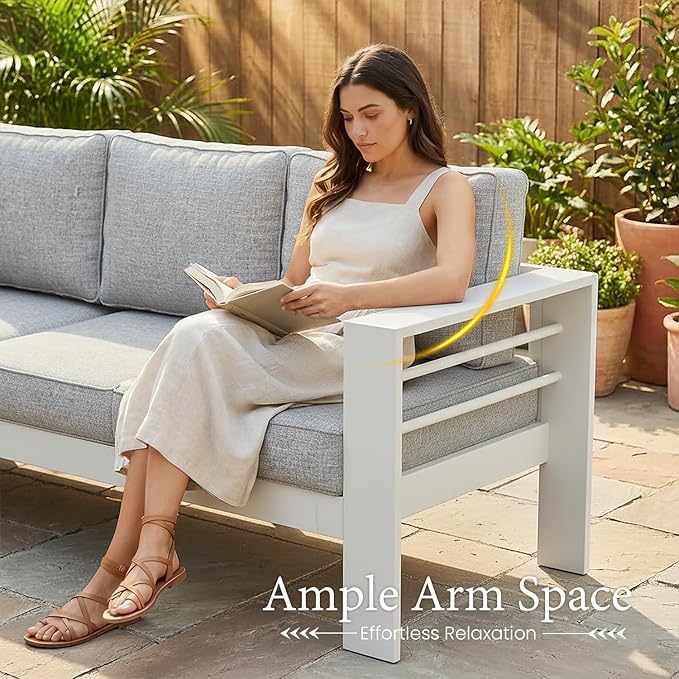 LayinSun Aluminum Furniture Set with Fire Pit Table, 4 Pieces Patio Sectional Conversation Chat Sofa Modern Seating Set