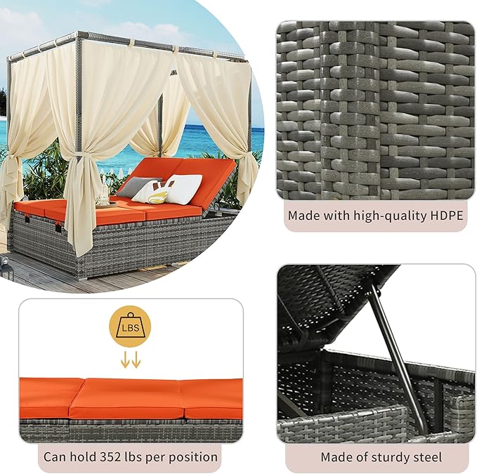 KEVINSPACE Outdoor Daybed with Curtain Canopy Bed Patio Furniture Adjustable Sunbed Set All-Weather Rattan Sun Lounger Patio Wicker Sofa Set Patio Conversation Set Curtains for Garden Yard Orange