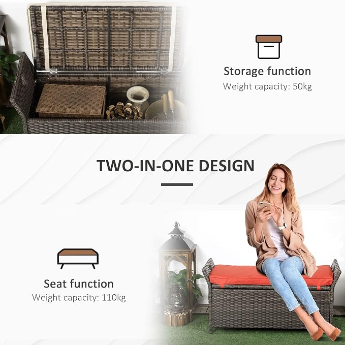 Outdoor Rattan Wicker Storage Bench with Cushion, Patio Storage Deck Box for Outdoor Furniture Cushions, Garden Tools (Red)