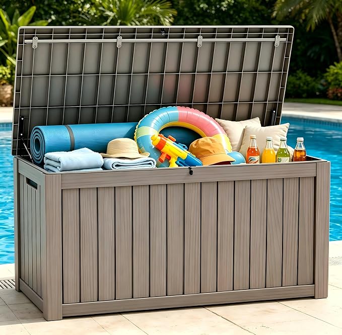 146 Gallon Deck Box, Waterproof Outdoor Storage Box, Lockable Resin Patio Storage Box for Cushions, Garden Tools & Pool Accessories, Heavy Duty Outdoor Storage Bench, Gray Brown