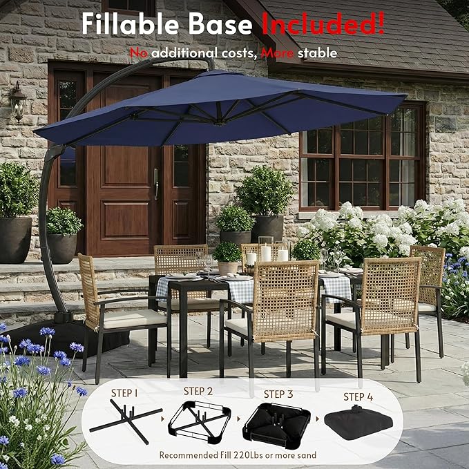 11FT Cantilever Patio Umbrella with Base Included, Large Cantilever umbrella with 360°Rotation, Heavy-Duty Offset Outdoor Umbrella for Patio,Pool,Garden and Backyard (Navy Blue)
