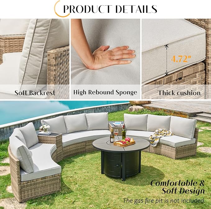 PaPaJet Patio Conversation Set, 3 Piece Half-Moon Sectional Round Patio Furniture Set, Wicker Sofa Set, for Backyard Patio Garden, Beige
