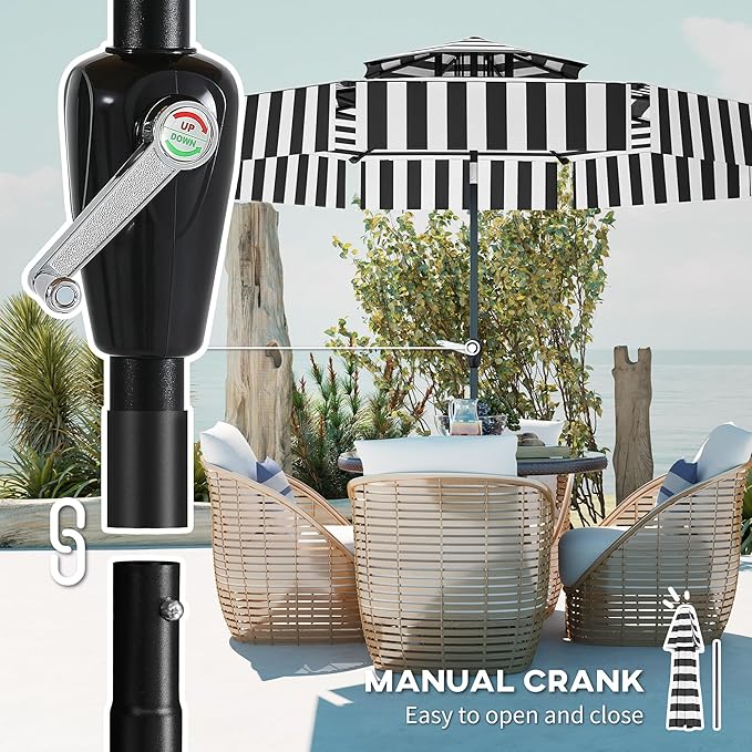 Outsunny 8.6FT Patio Umbrella, UPF 30+ Outdoor Market Umbrella, 2-Tier Vented Patio Table Umbrella with Crank 8 Ribs, Tiltable Porch Umbrella for Garden Deck Poolside, Black