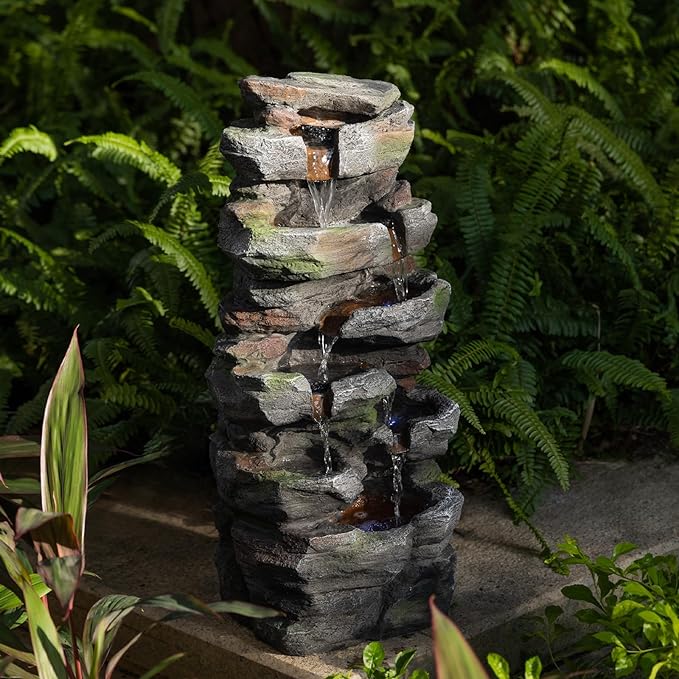 Rock Waterfall Outdoor Fountain with LED Lights Cascading Stone Garden Fountain for Patio Backyard Lawn Deck Resin Tiered Water Feature Outdoor Decor 23.6 Inch