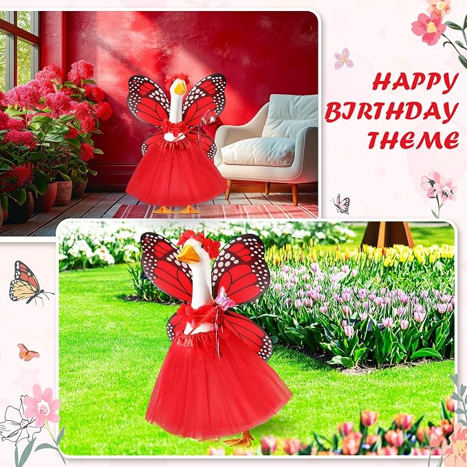 5pcs Butterfly Porch Goose Outfit Costume Tutu Skirt Butterfly Wing Wand Flower Crown for 17‘' 23‘' Cement Goose