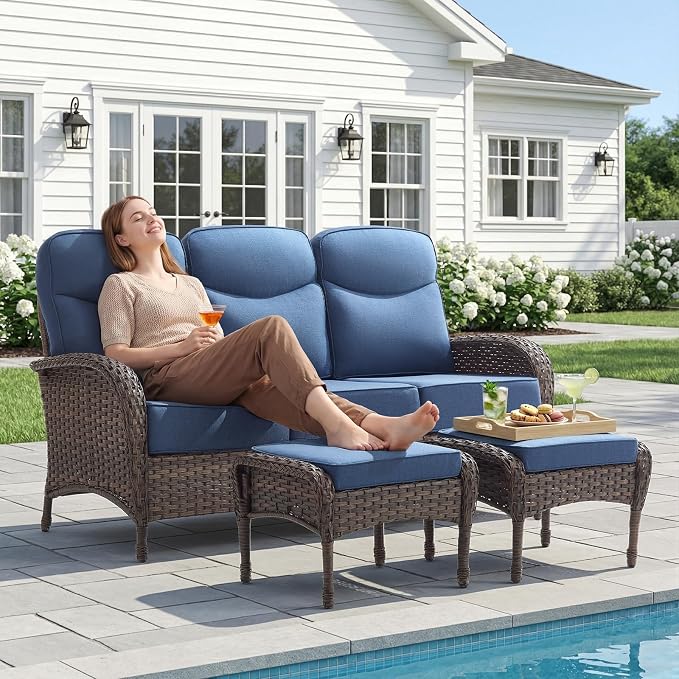 8-Piece Patio Furniture Set with Upgraded 6" Thick Cushion - High Back Outdoor Swivel Rocker Chairs with 3-Seater Sofa Set of 2,Ottomans,Wicker Outdoor Conversation Set for Deck, Porch, Yard, Poolside