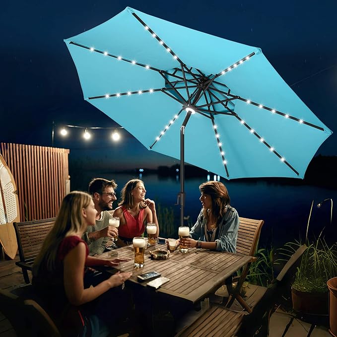 FLAME&SHADE 2 Tiers 9ft Solar Light Patio Umbrella, 40 LED lights outdoor umbrella with Centre Surround Light, Table Market Umbrella for Deck, Pool, Porch, Backyard, Garden (Aqua Blue)
