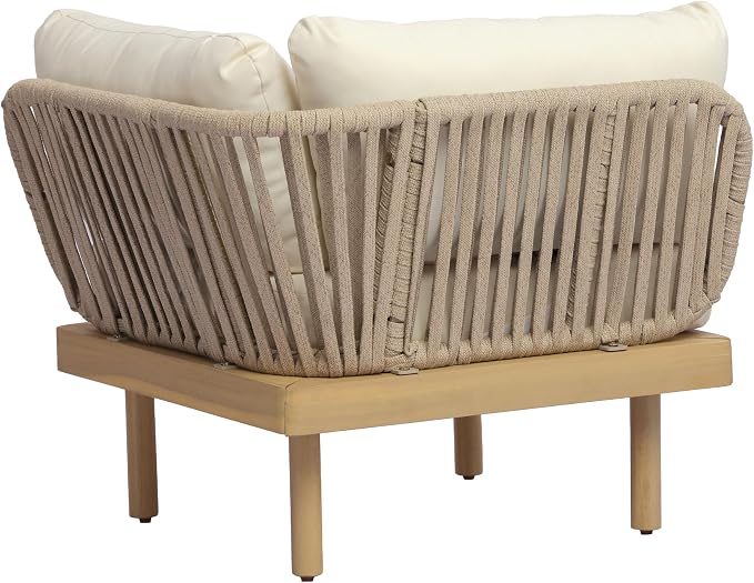 Christopher Knight Home John 4 Piece Patio Furniture Set with Slatted Coffee Table, Outdoor Sofa Set with Rope Back & Cushions, Modern Acacia Wood Sectional Conversation Set, Beige+Cream+Light Teak