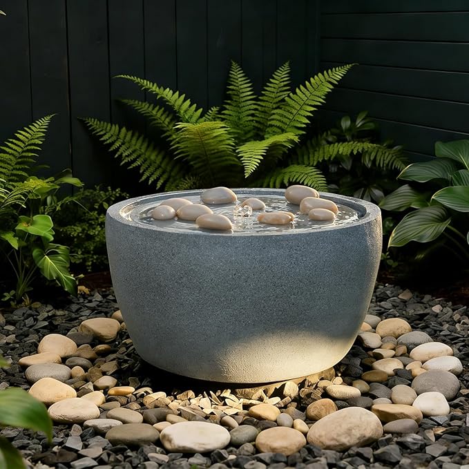 EROMMY 10.6" Tall Outdoor Water Fountain - Resin Garden Water Feature with LED Lights Effect for Patio Deck Yard Home,Gray