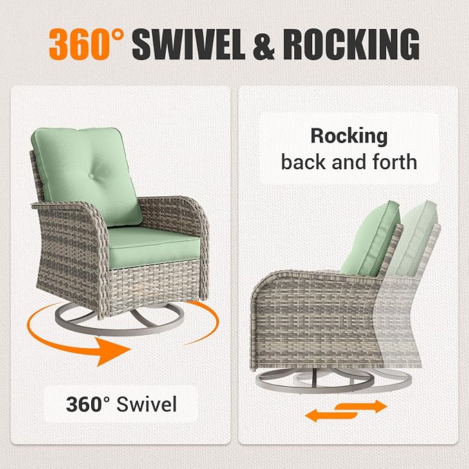 11-Piece Outdoor Patio Furniture Set with Rocking Swivel Chair, Wicker Rattan Sectional Sofa Conversation Set with 55,000 BTU Fire Pit Table, Backyard Furniture, Light Green