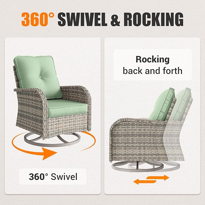 13-Piece Outdoor Patio Furniture Set with Rocking Swivel Chair, Wicker Rattan Sectional Sofa Conversation Set with Tempered Glass Table, Backyard Furniture, Light Green