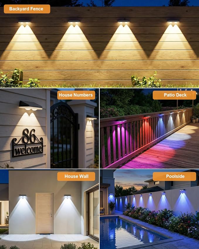 16 Pack Solar Fence Lights Outdoor ,Warm White + RGB 13 Color Mode Fence Lights Solar Powered with Ultra-Bright Lens IP65 Waterproof,Solar Wall Light for Backyard/Step/Patio/Deck/Stair/Railings/Fence