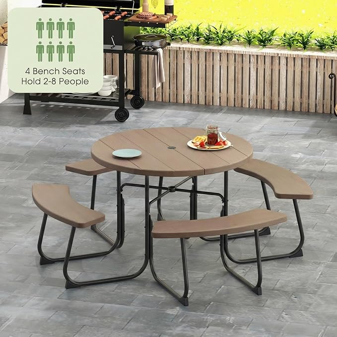 Giantex Picnic Table Set for Up to 8 Persons, Round Outdoor Table and Bench Set with Umbrella Hole, HDPE Top & Metal Frame, 2000LBS Capacity, Patio Table Bench for Deck Backyard Garden, Coral Reef