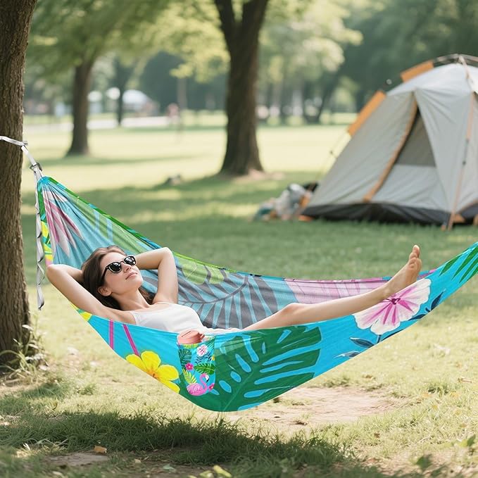 Summer Flamingos Flower Leaf Blue 330lb Capacity Outdoor Hammocks with Tree Straps Tree Hammock for Outside Patio Garden hamacas para Deck