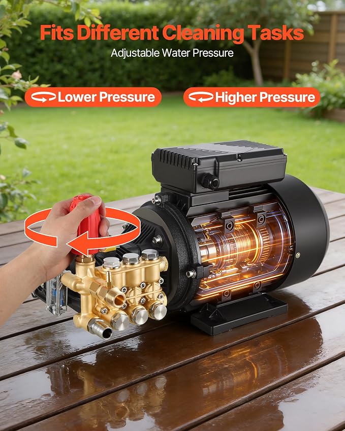 VEVOR Electric Pressure Washer Pump Kit, 1950 PSI, 3.2 GPM, Triplex Power Washer Pump with 5 HP Motor 240 V, Adjustable Water Pressure, for Washing Cars, Gardens, Exterior Walls, Machinery Equipment