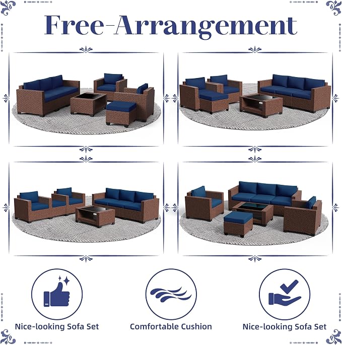 KIGOTY Patio Furniture Set 7 PCS Patio Conversation Sets, All-Weather PE Rattan Outdoor Sectional Sofa with Cushion and 2- Tier Glass Coffee Table（Brown/Dark Blue）