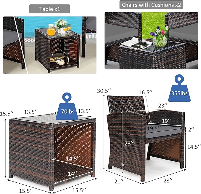Tangkula 3-Piece Outdoor PE Rattan Furniture Set, Patio Conversation Set w/Chair & Storage Coffee Table, Detachable Cushion, Stable X-Shaped Frame, Perfect for Garden, Backyard, Poolside (Grey)