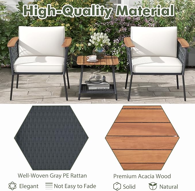 Tangkula 3 Piece Patio Furniture Set, Rattan Chair Set w/ 2-Tier Coffee Table, Acacia Wood Armrests & Tabletop, Soft Seat & Back Cushions, Outdoor Wicker Conversation Set (Off White+Grey)