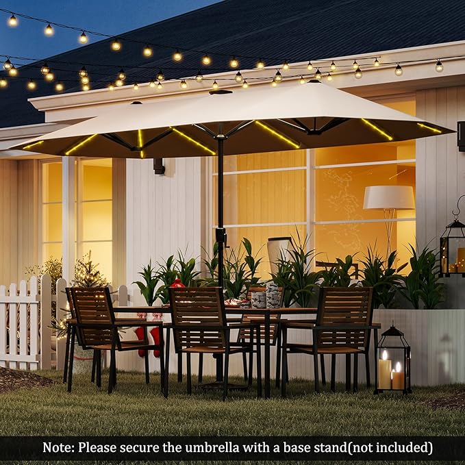 HAPPYGRILL 13 FT Double-sided Patio Umbrella with Solar Lights, Crank Handle & 12 Heavy-Duty Ribs, Outdoor Twin Size Oversized Rectangle Market Umbrella for Garden Deck Poolside